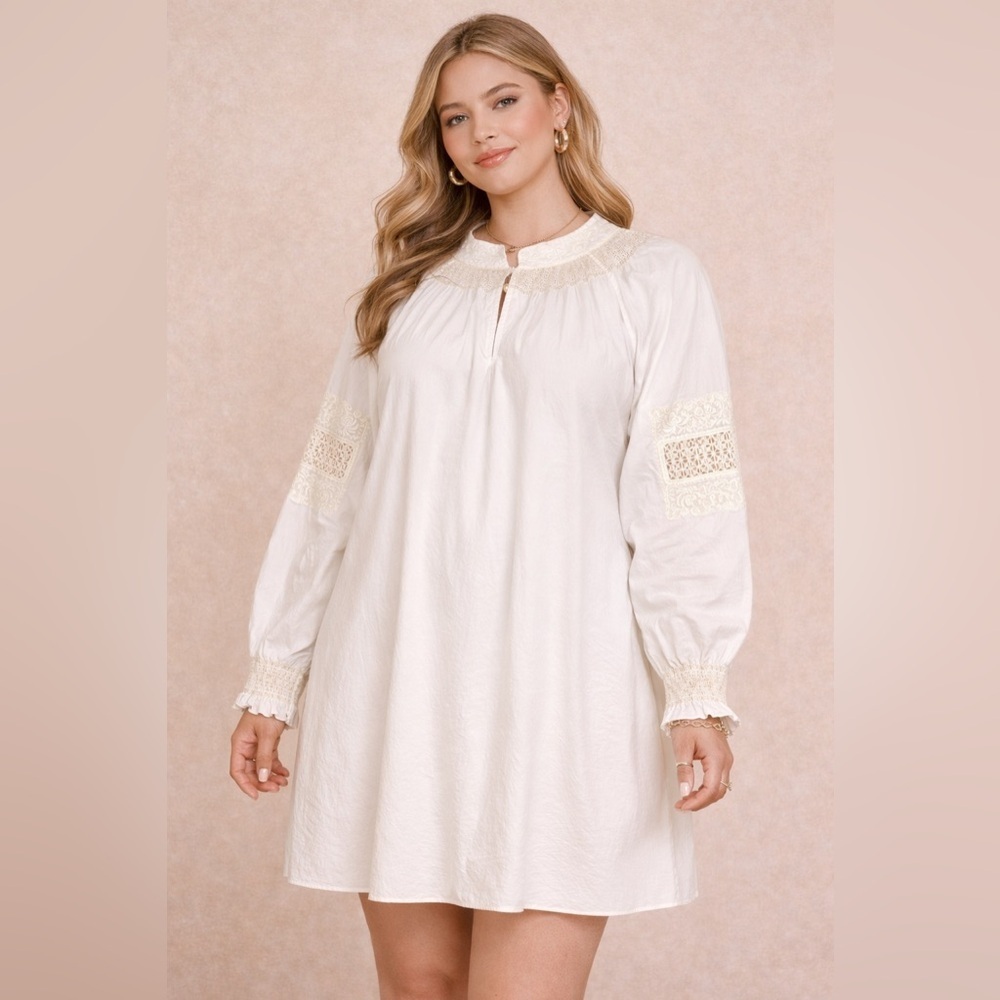 Tibi Anthropologie White Cotton Lace Embroidered Tunic Dress Boho Summer Casual